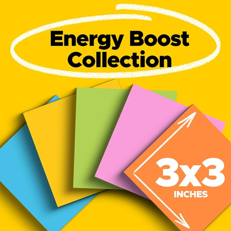 Post It Super Sticky Notes, 3x3 in, 6 Pads, 2X The Sticking Power, Energy Boost Collection, Bright Colors (Orange, Pink, Blue, Green),Recyclable (654-6SSAU) - Image 2